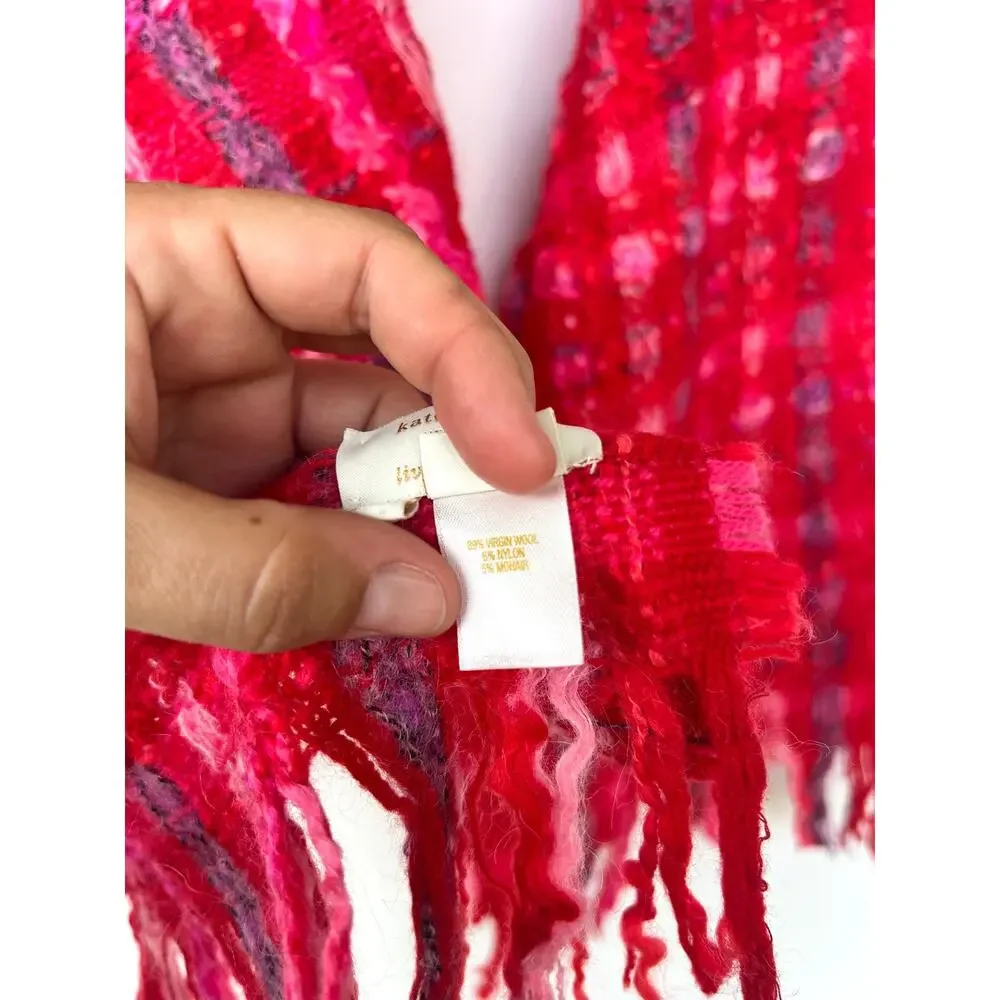 Kate Spade Live Colorfully Oversized Scarf Designer Knit Pink Fringe Wool Mohair